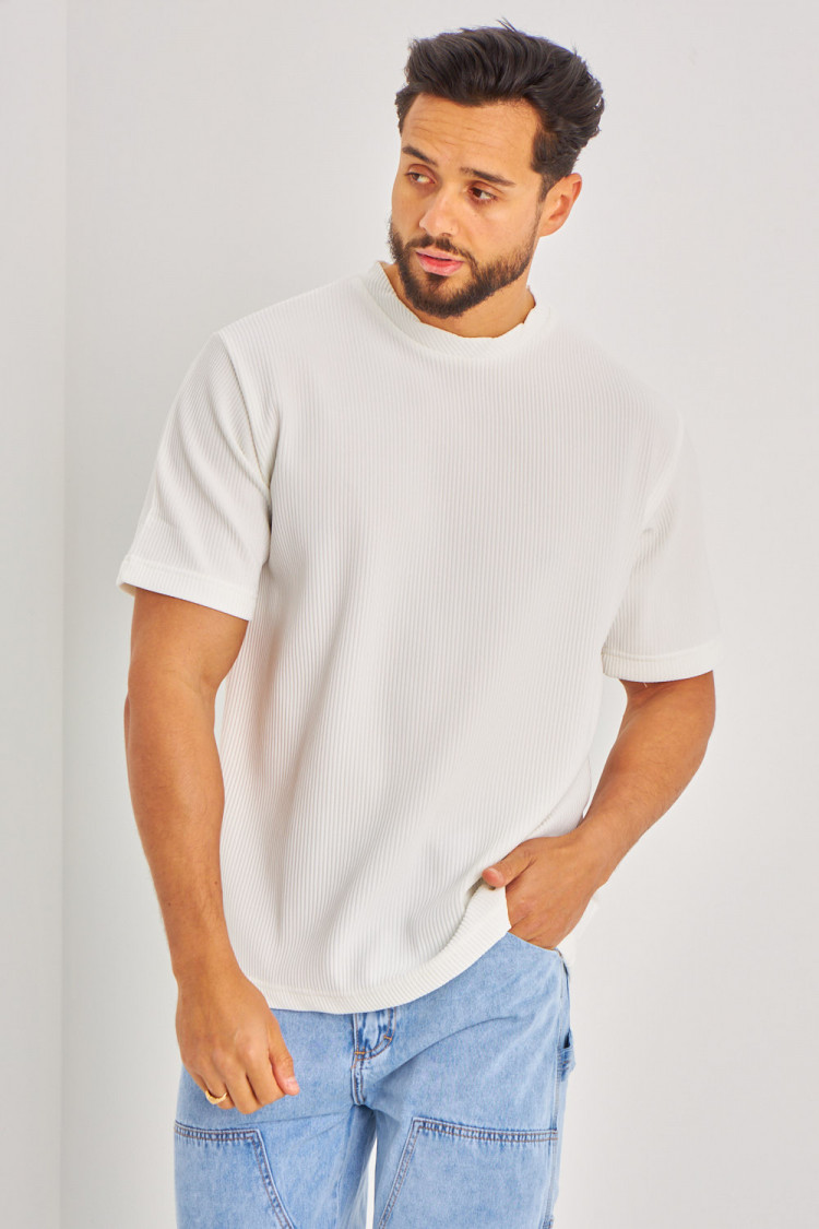 T-shirt blanc côtelé à manches courtes