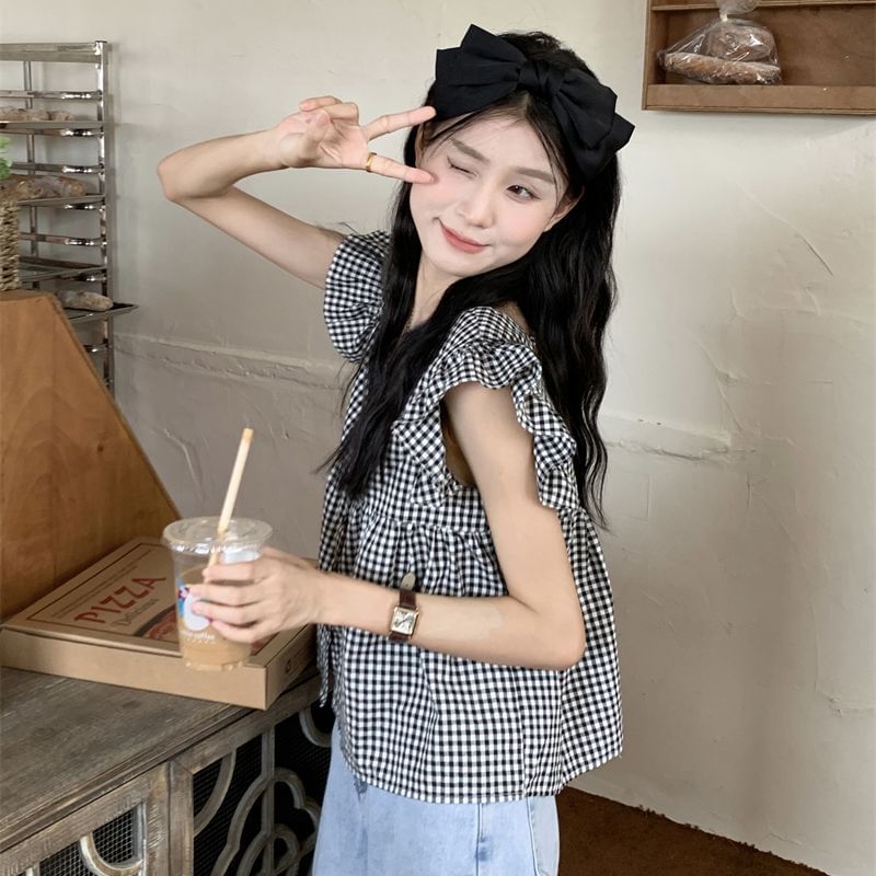Yako - Blouse met korte mouwen en ruitmotief en ruches