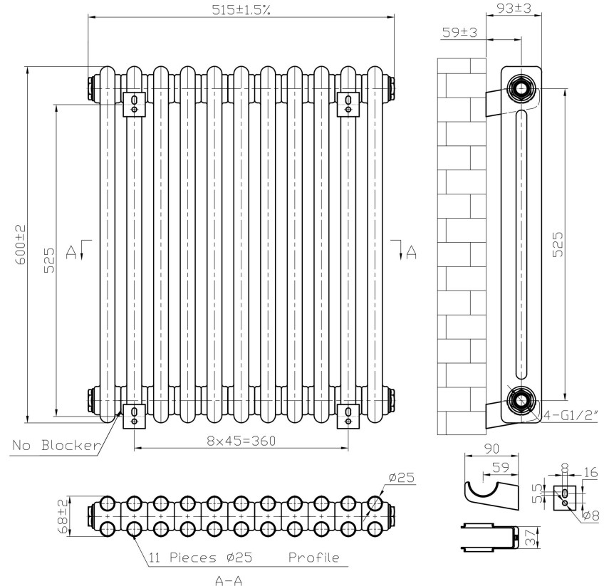 Eastbrook Imperia 2 koloms radiator 50x60cm 704W zwart mat