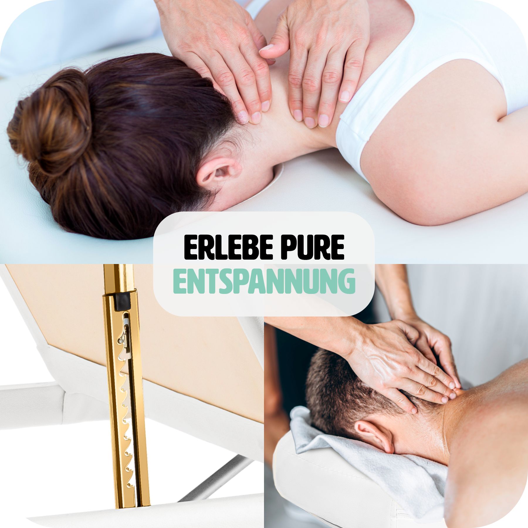 tectake® 3 Zonen Massageliege, Polsterung 7,5 cm, Breite 70 cm mit Holzgestell, verstellbare Ablagen für Kopf und Arme, 218 x 102 x 65 - 90 cm