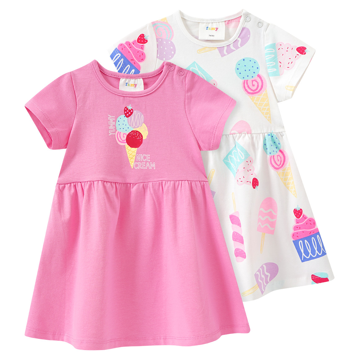 Famy 2 Baby Kleider mit bunten Motiven rosa / weiss
