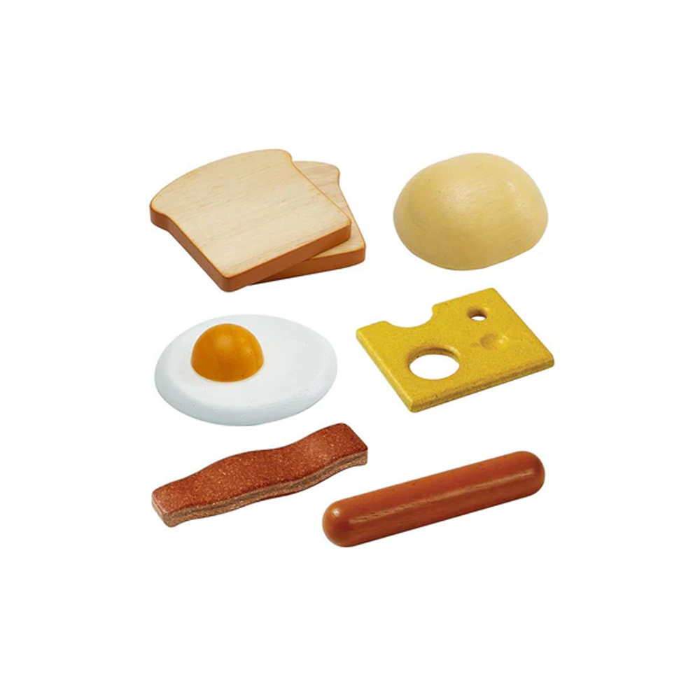 (10-tlg. Set) Holz Frühstücksmenü auf Tablett Kinder Spielzeug Küchen Zubehör Brunch Spielset inkl. Spiegelei / Toast (3415)