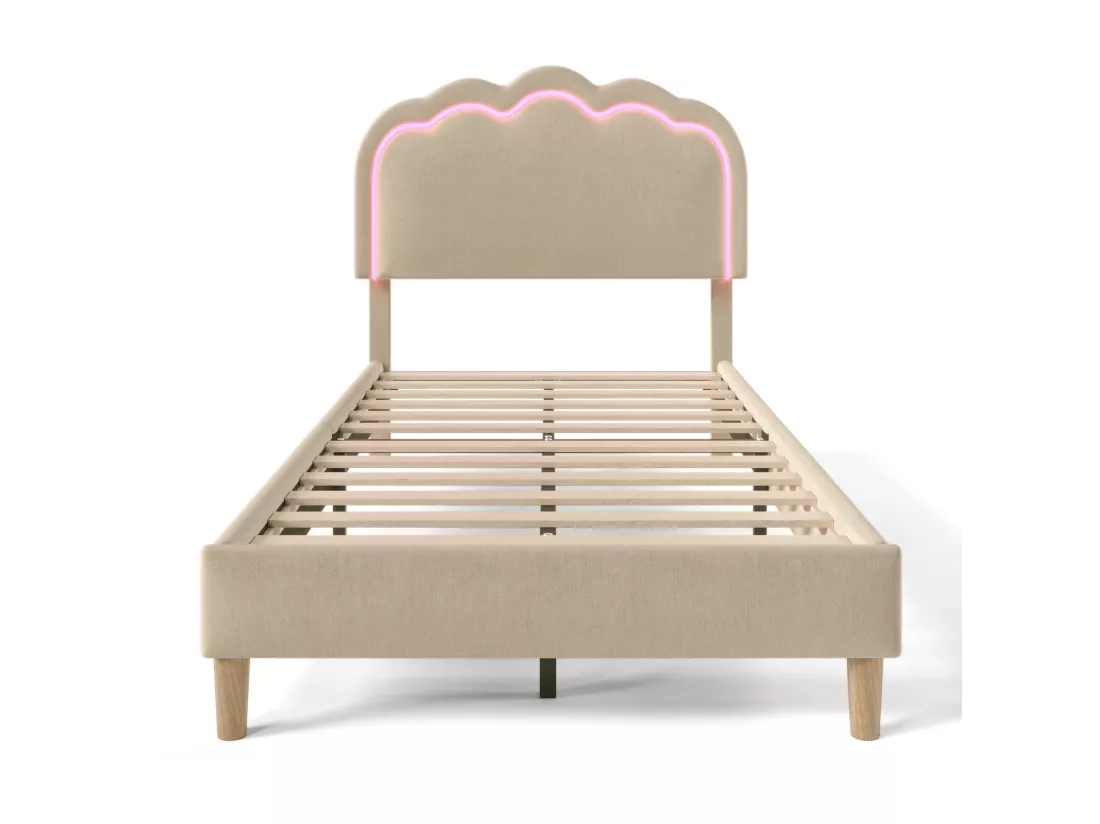 Lit capitonné 90 x 190 cm avec tête de lit réglable pour chambre à coucher - LEDs - tissu lin - beige