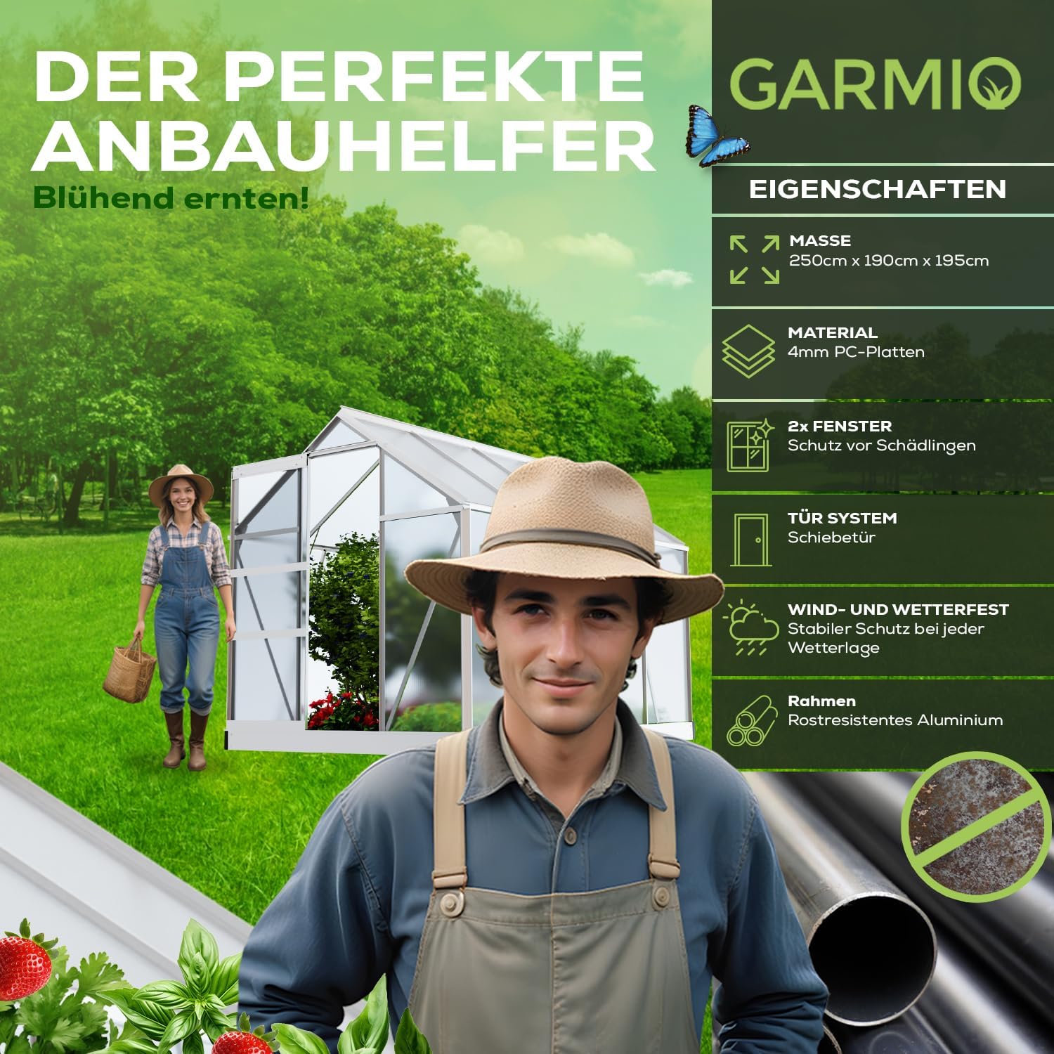 Gewächshaus Neapel 250x190cm für den Garten, Alu Frühbeet inklusive Fundament, 2 Dachfenster Treibhaus Aufzucht Pflanzenhaus Tomatenhaus 4,75m² UV-Schutz