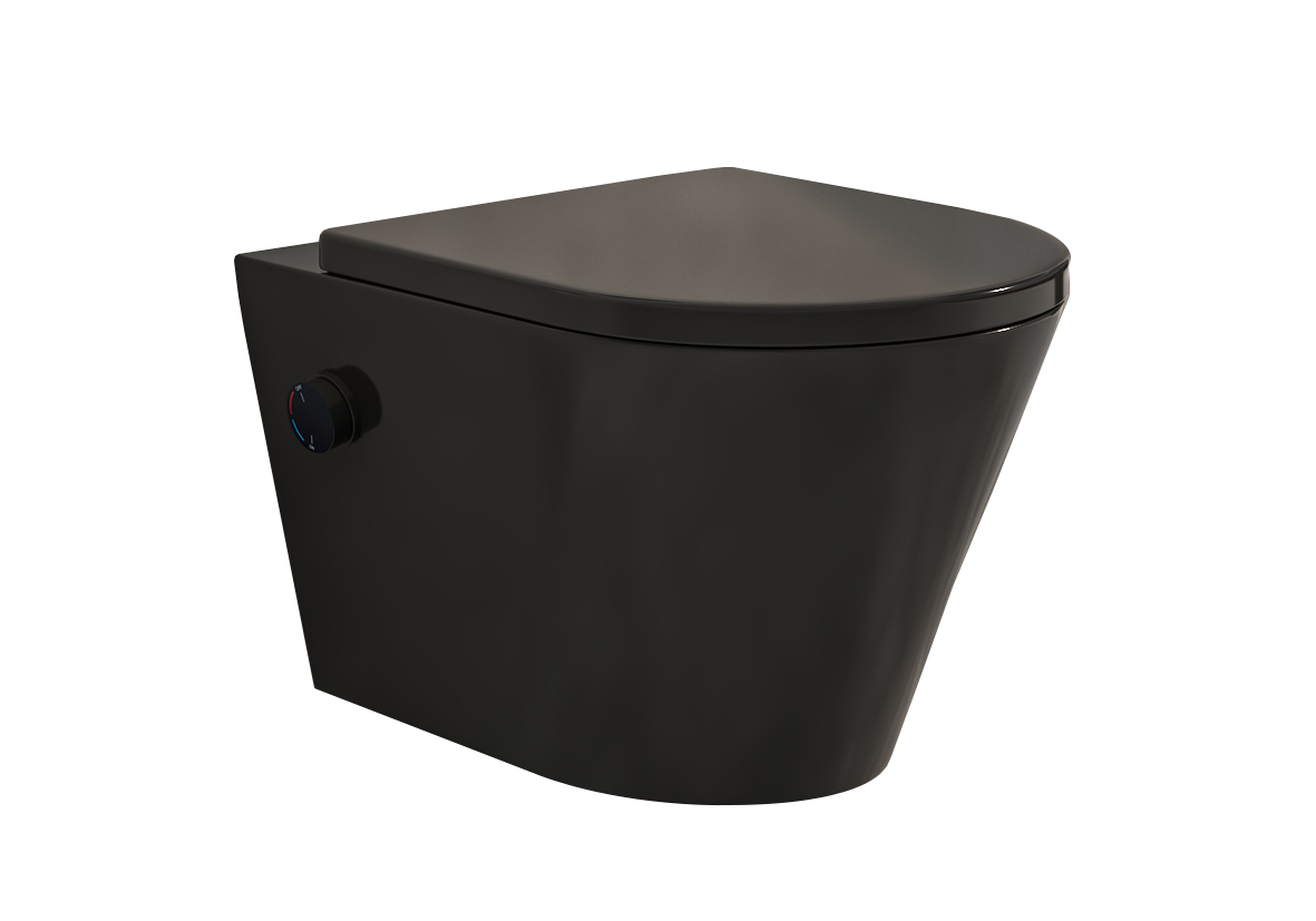 Mueller Afesta randloos toiletpot met bidetsproeier warm/koud en dunne softclose zitting zwart mat