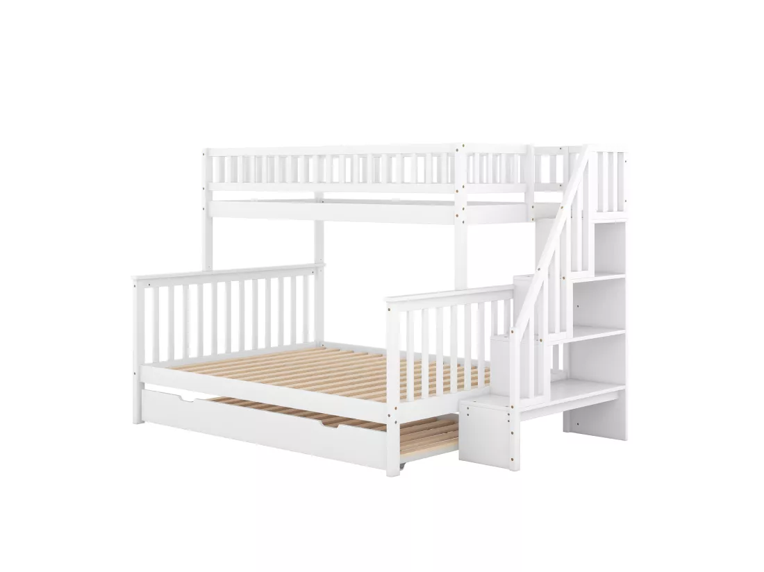 Lit superposé avec lit gigogne 3 places - 90 x 200 cm + 140 x 200 cm - escalier et étagères de rangement - pin et MDF - blanc