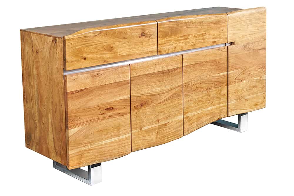 Massivholz Sideboard MAMMUT 170cm Akazie Baumkante mit Schubladen Kufengestell Edelstahl