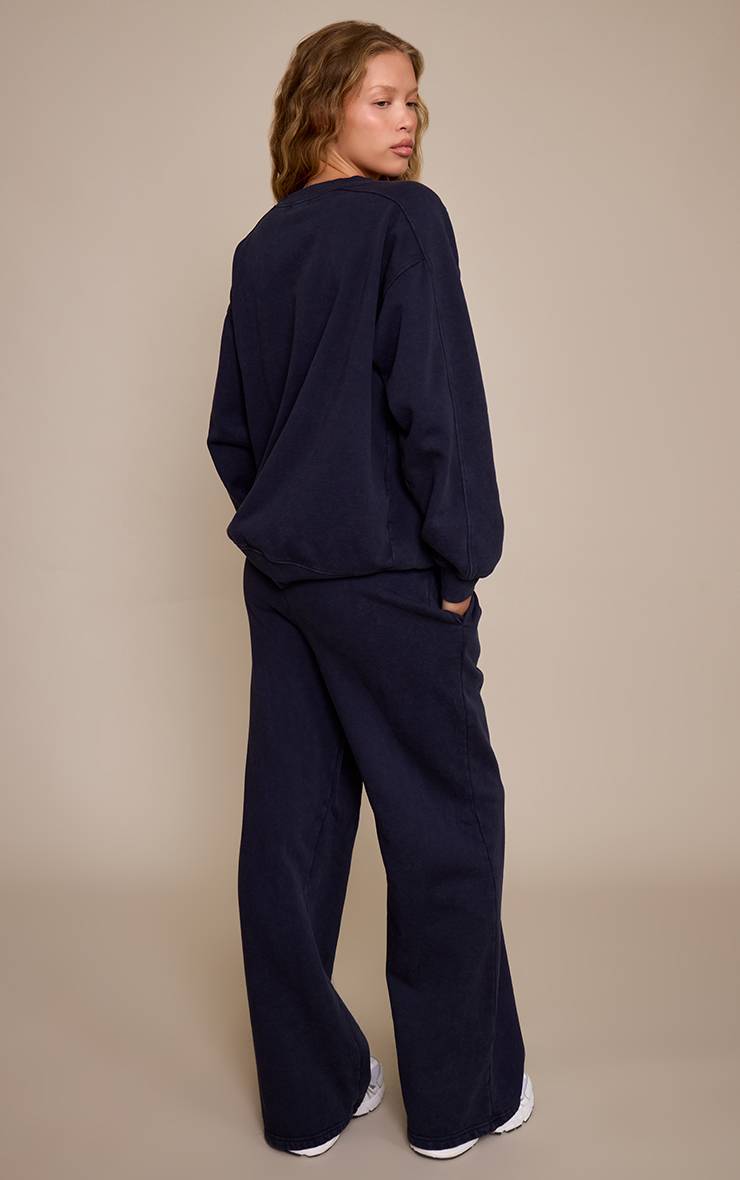 Bleu Marine Sweat-shirt Délavé À L'acide Avec Broderie En Point De Croix