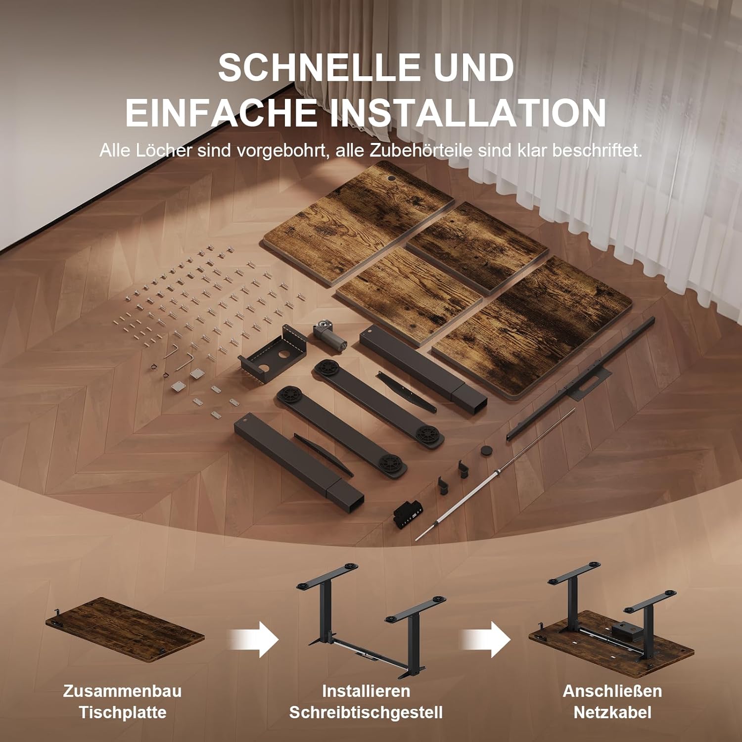 JUMMICO Höhenverstellbarer Schreibtisch 180 x 80 cm mit Kabelwanne, Höhenverstellbar Elektrisch Stehpult mit USB-Buchse, Computertisch, Ergonomischer Steh-Sitz Tisch, Bürotisch, Vintage-Braun