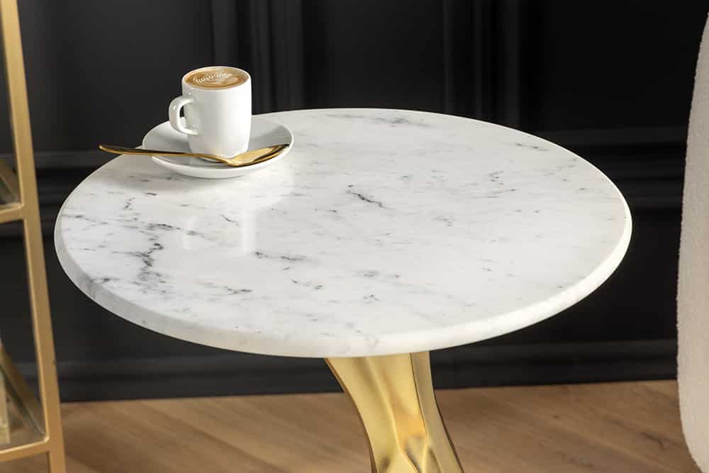 Runder Beistelltisch TEAR 60cm gold weiß mit Marmor-Tischplatte handmade