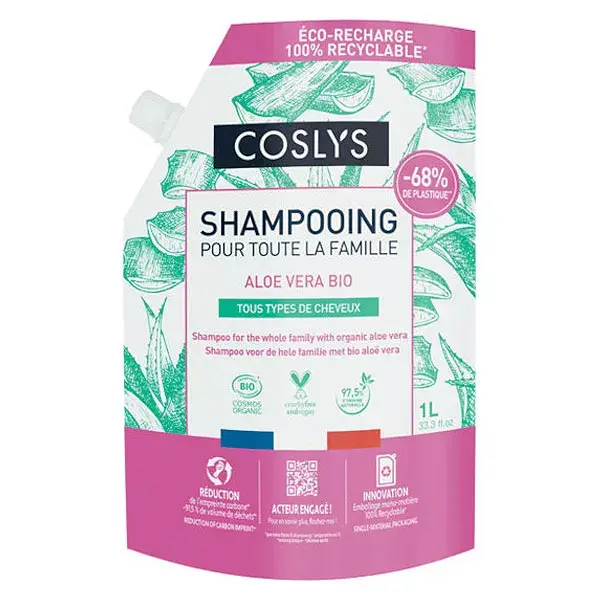 Shampoo Familiar Orgânico de Aloe Vera Coslys, Embalagem Doypack 1L