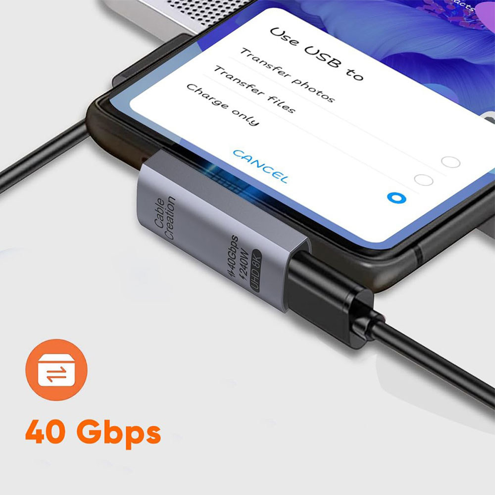 (240W) USB C (m) auf USB C (w) Daten und Schnelllade-Adapter Stecker 90 Grad-Winkel 40 Gbit/s (8K@60Hz) - Grau