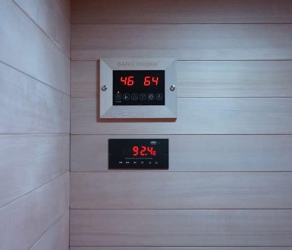 SANOTECHNIK Infrarotkabine RUBY1 – 1‑Person Infrarotsauna 90×100×195cm | 4 Voll‑Spektrumstrahler (1.550W), LED‑Farblicht, Bluetooth‑MP3, 6mm ESG‑Sicherheitsglas, Touch‑Display, F20090