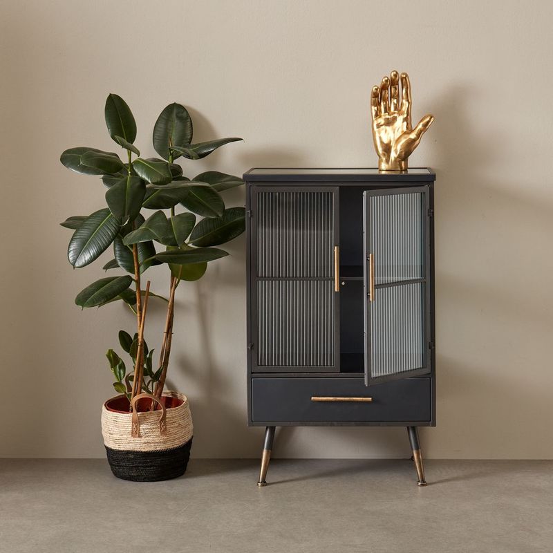 Wandkast - Zwart - Ribbelglas - Industrieel - Draaideur