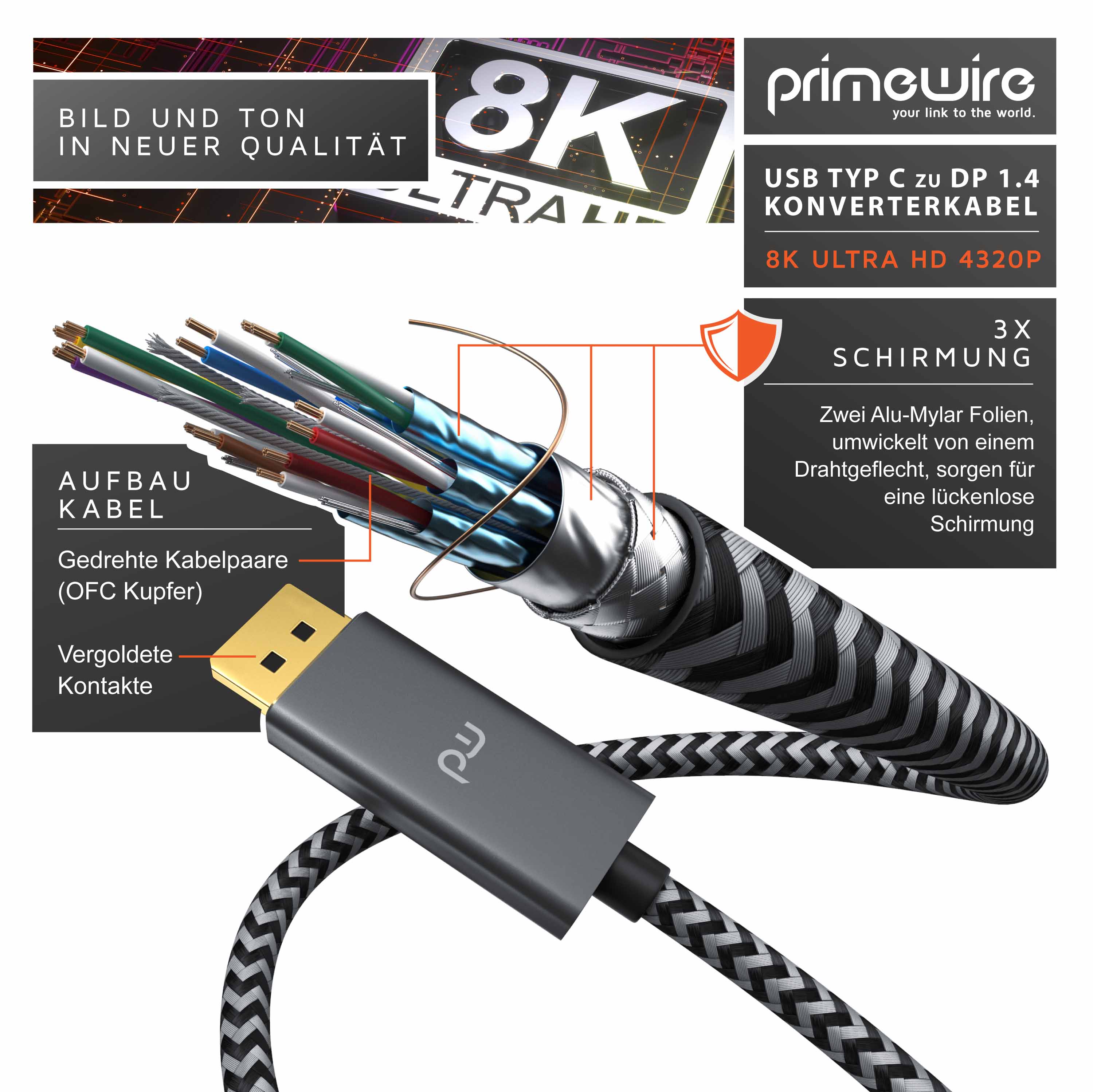 Primewire USB Typ C zu Display Port Konverterkabel Adapterkabel mit Stoffummantelung 8K 7680 × 4320 @ 30 Hz - 2m