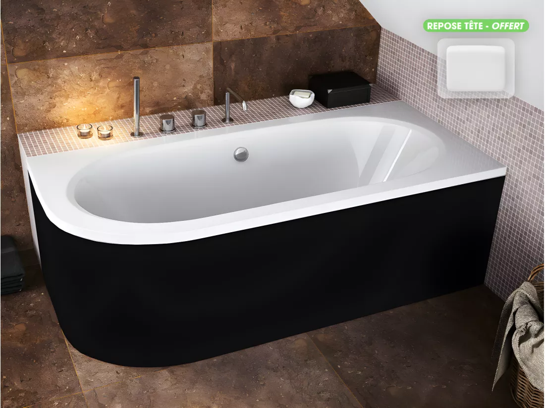 Baignoire d'angle - avec tablier noir Mat et repose tête offert | AVITA | 180 x 75 cm - Droite