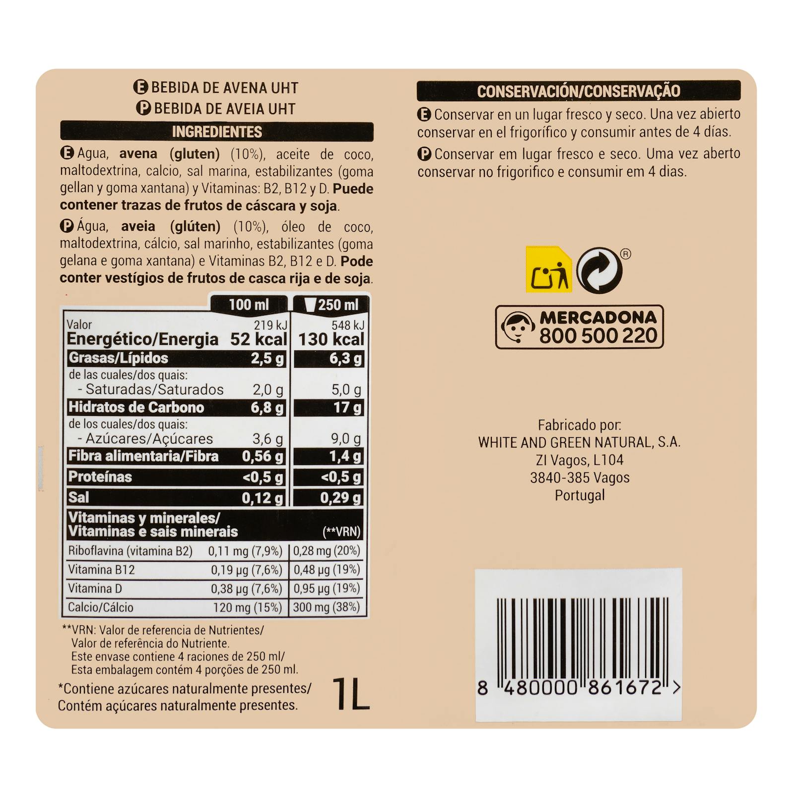 Boisson à l'avoine Hacendado avec calcium et sans sucre ajouté