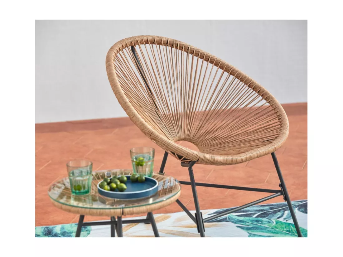 Salon de jardin 2 fauteuils oeuf + table basse beige, ACAPULCO