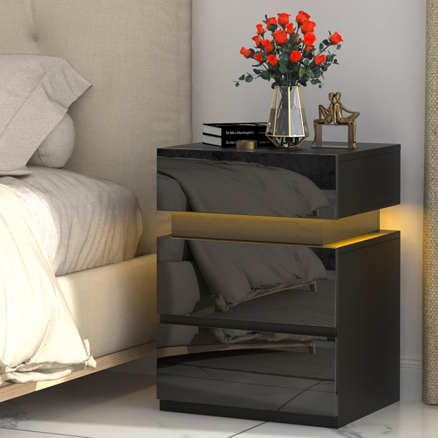 2er Set Nachttisch mit LED-Beleuchtung, Nachttisch Schwarz Hochglanz Beistelltisch, Einstellbare Farben, Sofatisch 3 Schubladen, Nachtschrank Schlafzimmer, 35x40x55cm, Schwarz