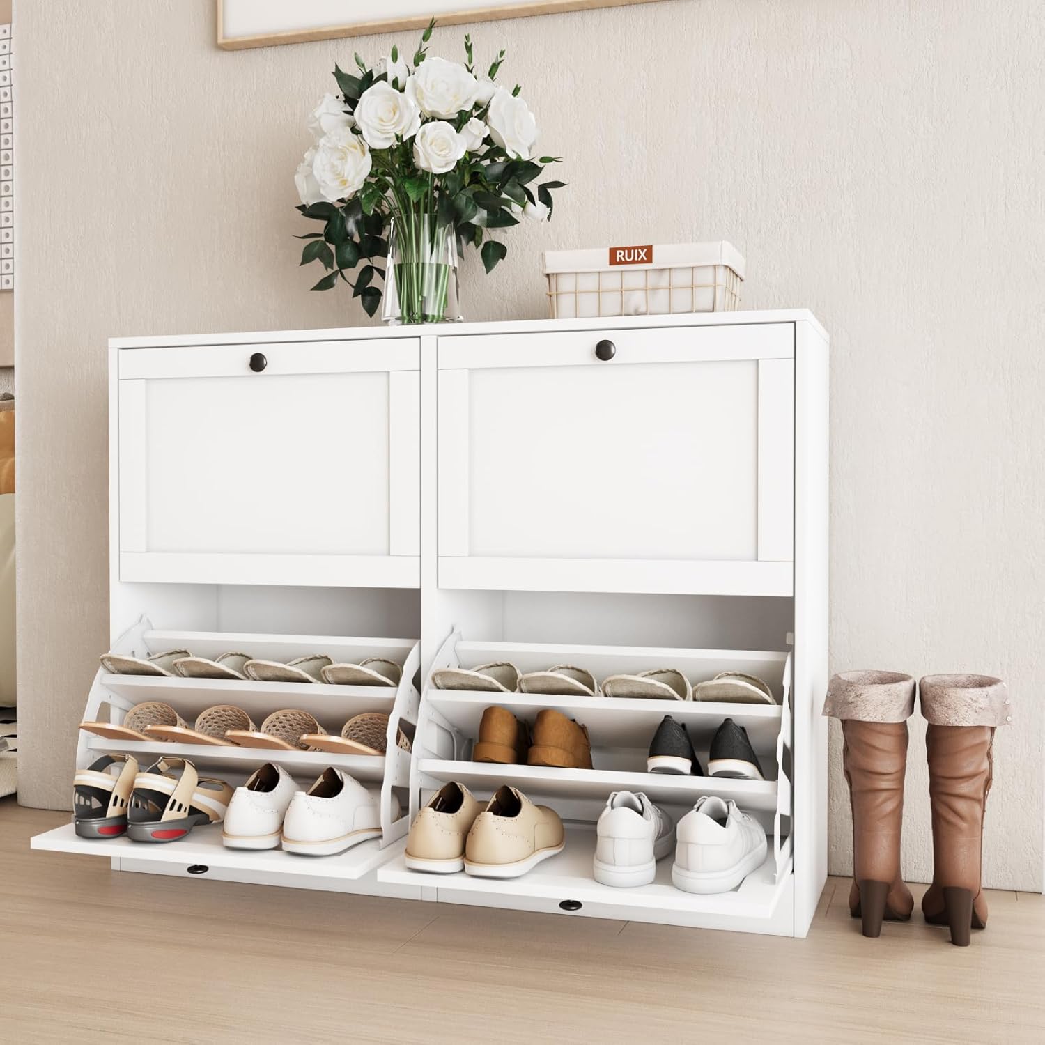 VOWNER Schuhschrank mit 4 Klappen, Schuhschrank Schmal Schuhregal, mit 12 Fächern, Schuhablage Verstellbar, 105 x 30 x 80 cm, Anti-Kipp-Vorrichtung für Eingangsbereich, Flur, (Weiss)
