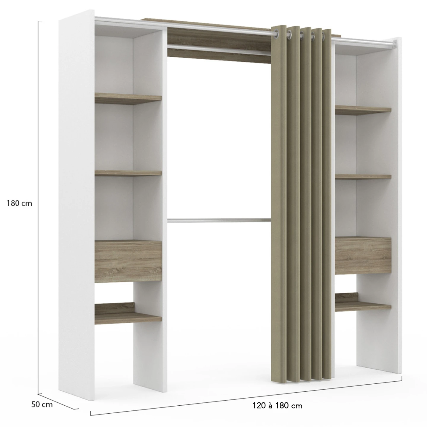 Dressing extensible double MERYL 120/180 x 50 x 180 cm blanc avec étagères hêtre + double penderie + rideau taupe