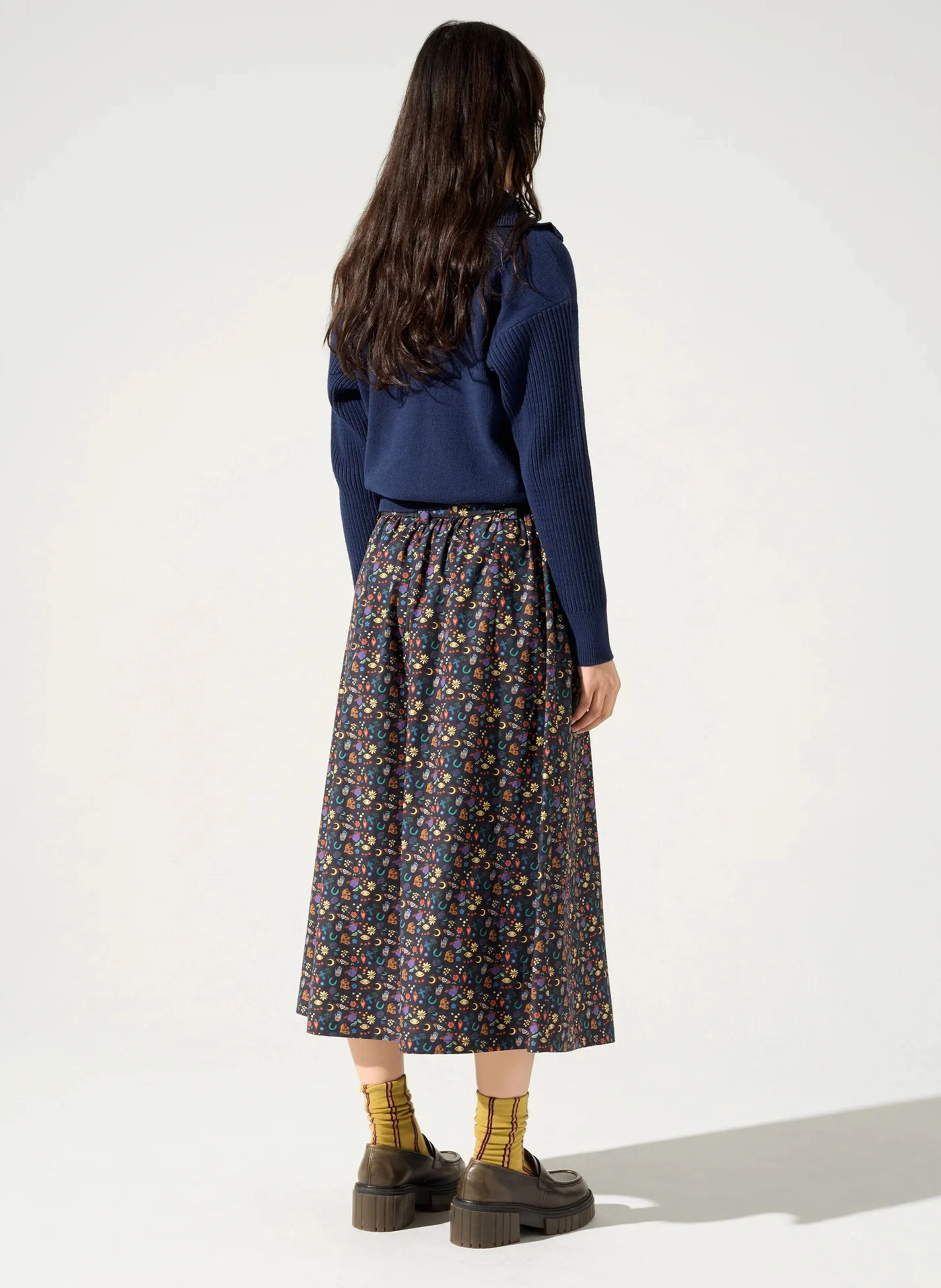 LUNA - Jupe évasée taille haute en coton imprimé | Noir