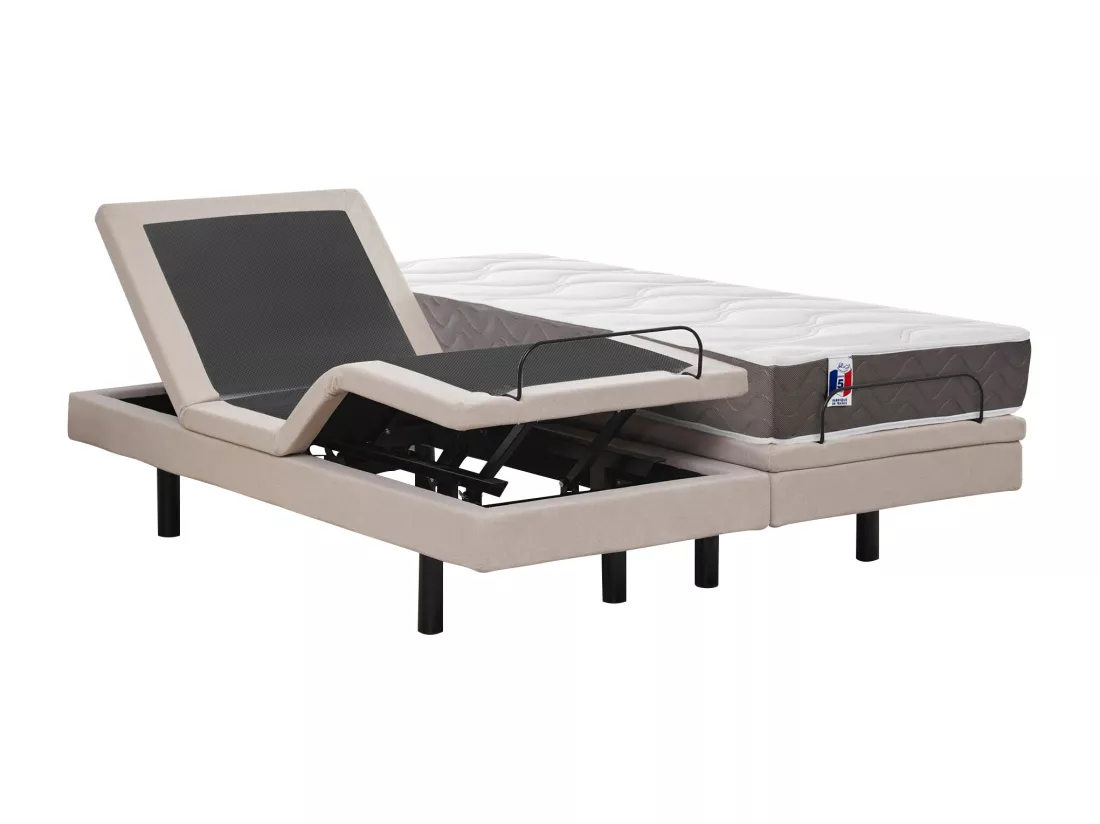 Lit électrique de relaxation déco + matelas 100% latex 3 zones - 2 x 90 x 200 cm - Tissu - Beige - PANISOLA de YSMÉE