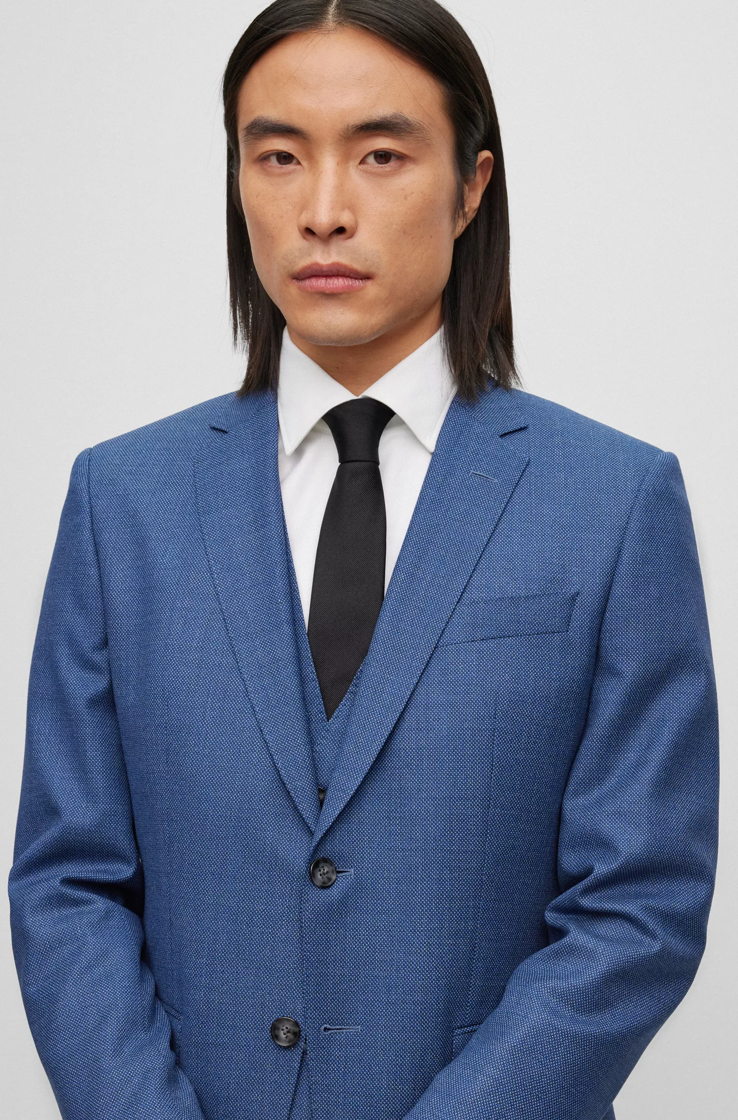 Terno slim fit de três peças BOSS preto em mistura de lã.