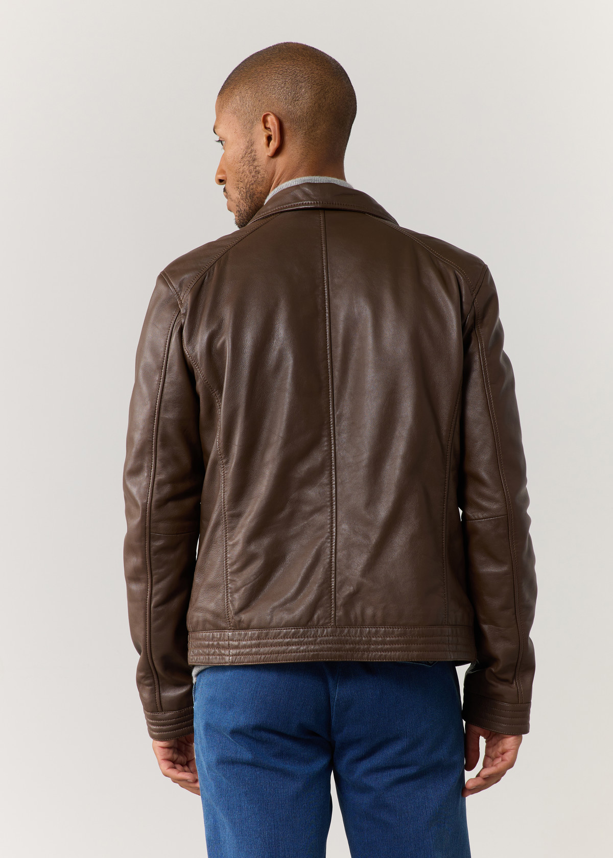 Blouson en cuir uni taupe à capuche amovible