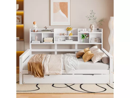 Canapé-lit gigogne 140x200 cm - Lit gigogne 90x190 cm - avec rangement - sommier à lattes - pin multi - blanc (matelas non inclus)