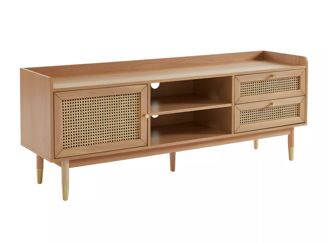 Bombong - Meuble TV 1 porte 2 tiroirs en bois et cannage L160cm - Bois clair