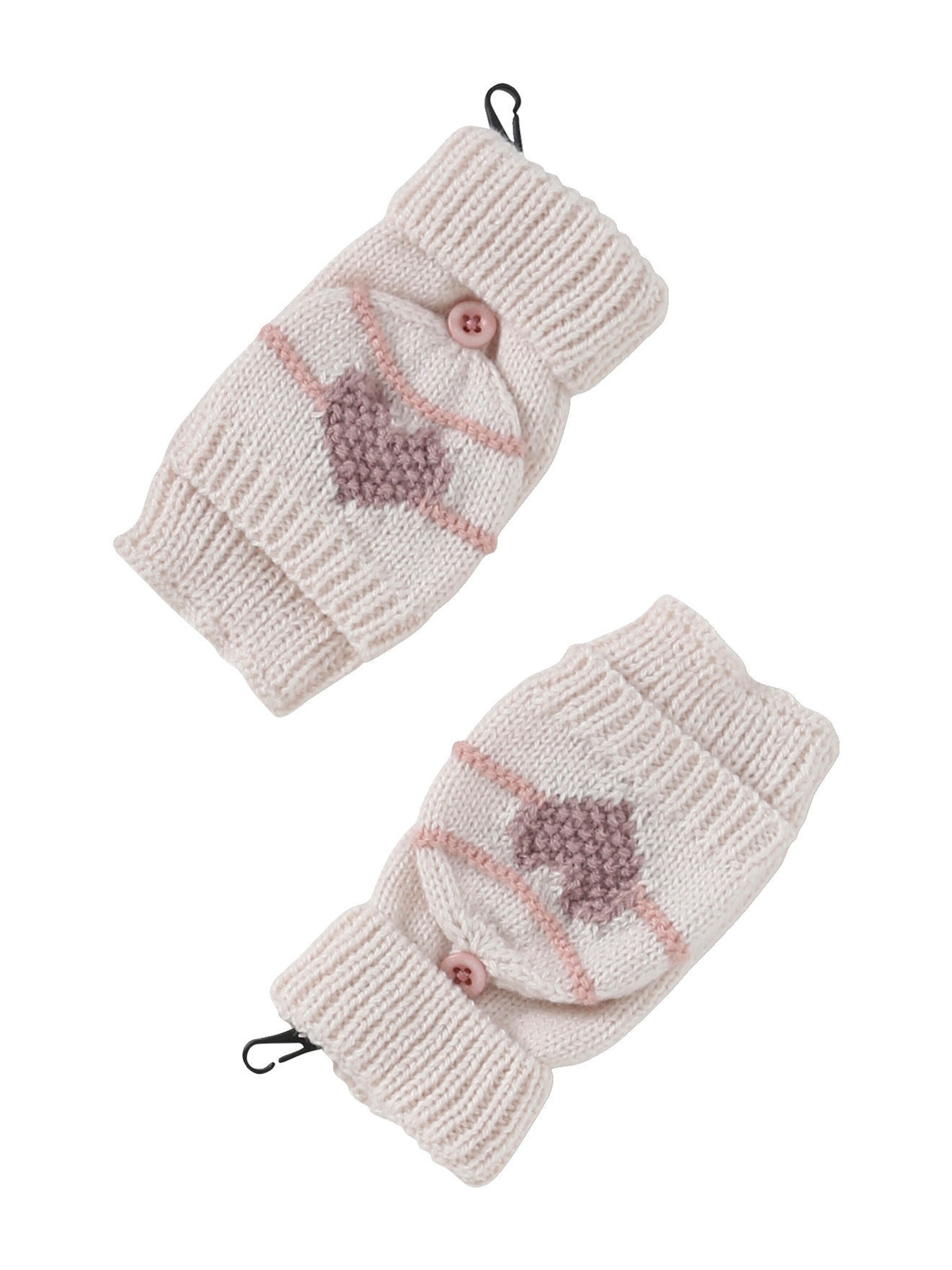 Vertbaudet Mädchen-Set: Mütze, Rundschal & Handschuhe Streifen/Herzen wollweiß/rosa