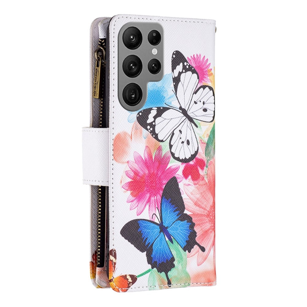 Samsung Galaxy S23 Ultra 5G Leder Wallet Etui Tasche mit 9 Kartenfächern   Münzfach - Blumen & Schmetterlinge