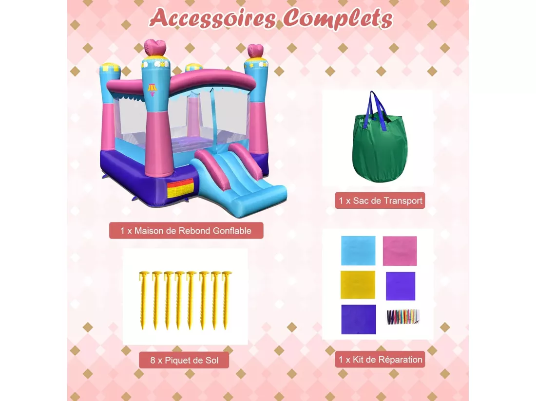 Château Gonflable pour Enfants avec Trampoline Toboggan Panier de Basket-ball Sac Transport,Kit de Réparation sans Gonfleur