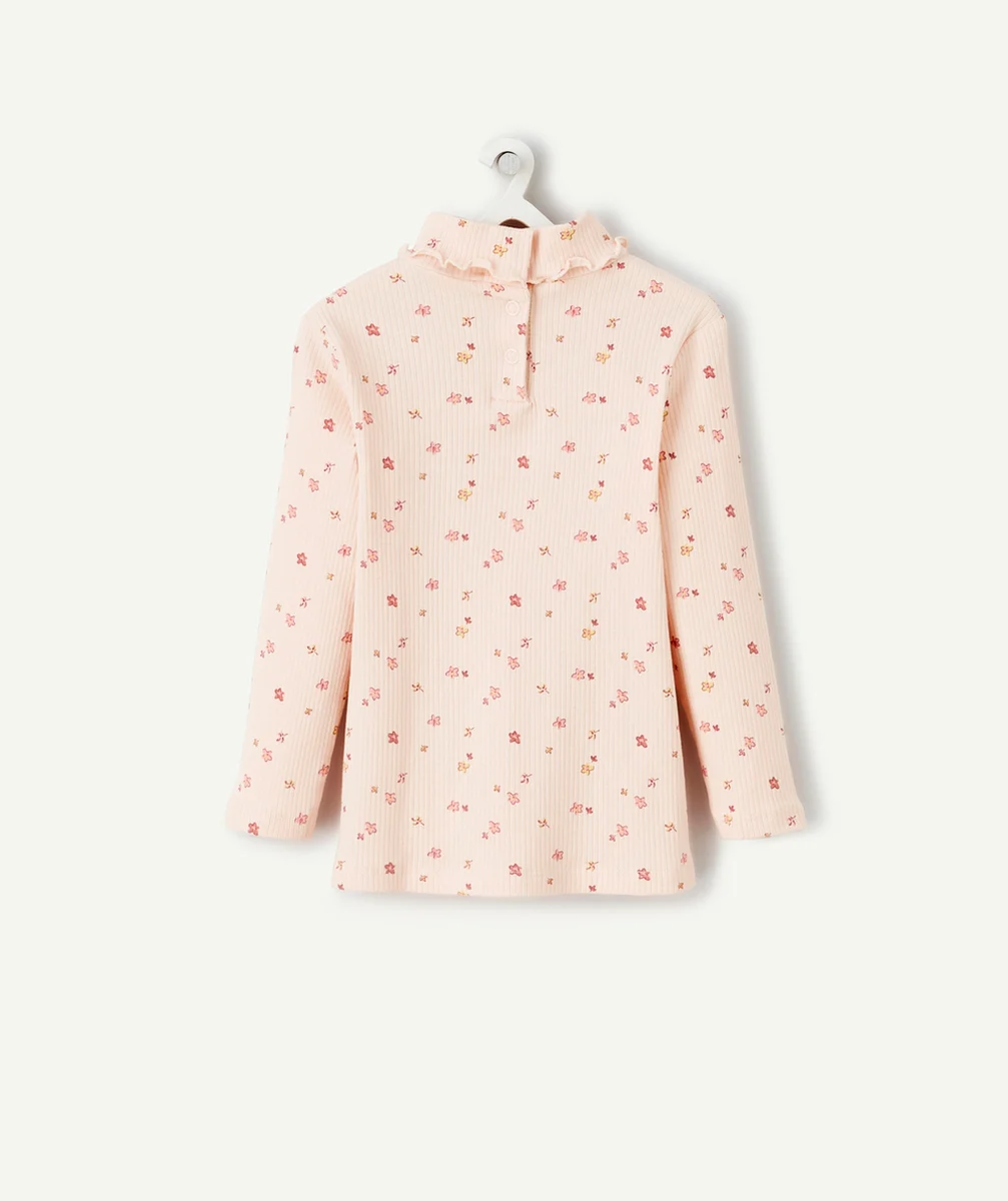 SOUS-PULL CÔTELÉ FILLE EN COTON BIO ROSE IMPRIMÉ FLEURI