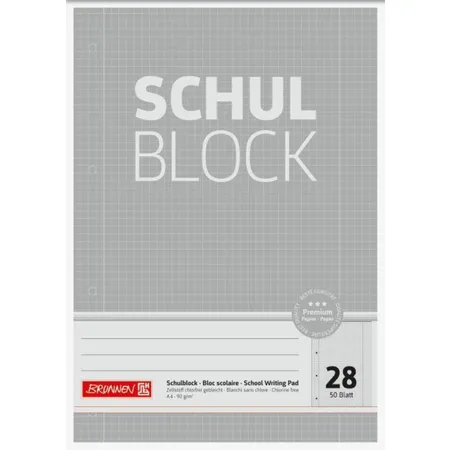 BRUNNEN Schulblock grau A4, 50 Blatt, gelocht, LIneatur 28