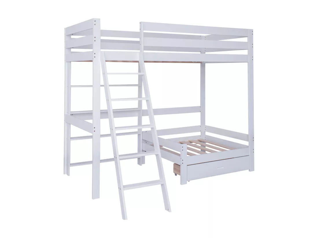 Lit mezzanine avec canapé + étagère + échelle - cadre en pin - 90x200cm - Blanc