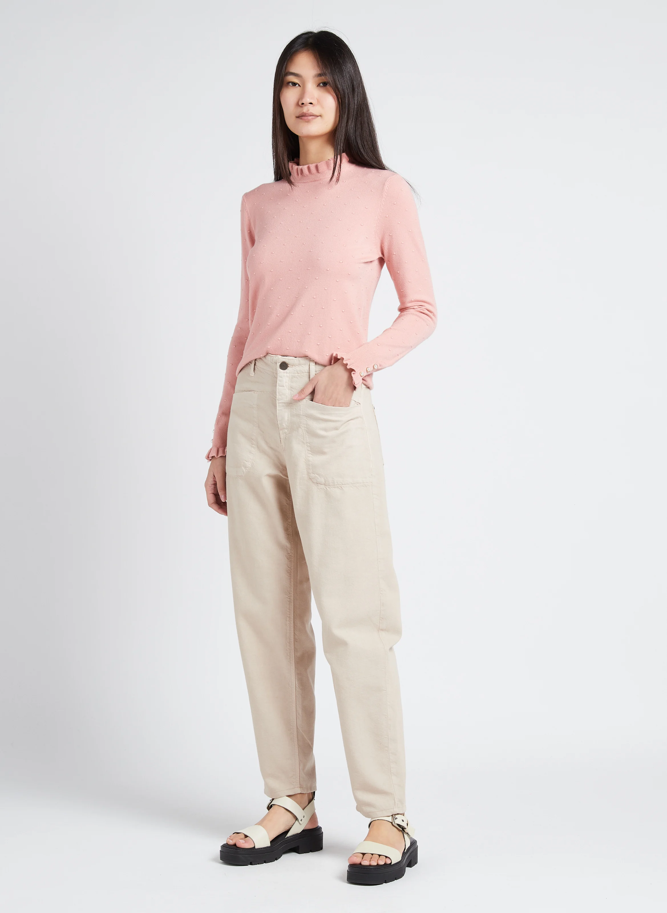 SOLFERINO - Pull col rond jacquard à volants | Rose