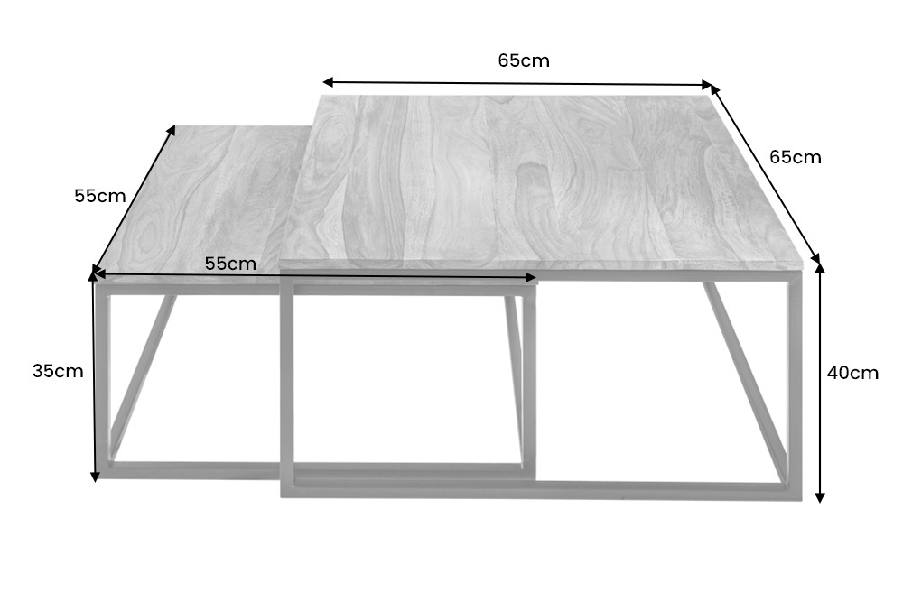 2er Set Couchtisch ELEMENTS 65cm braun Sheesham Massivholz stone finish Eisen schwarz