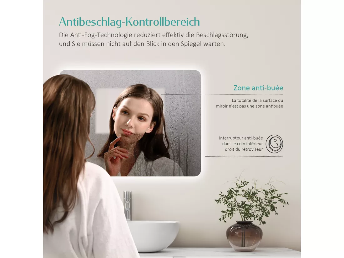 EMKE Miroir lumineux salle de bain Rétro-éclairage 60x40cm, Miroir LED avec Interrupteur à bouton, Anti-buée, lumière Blanche Froide/Chaude