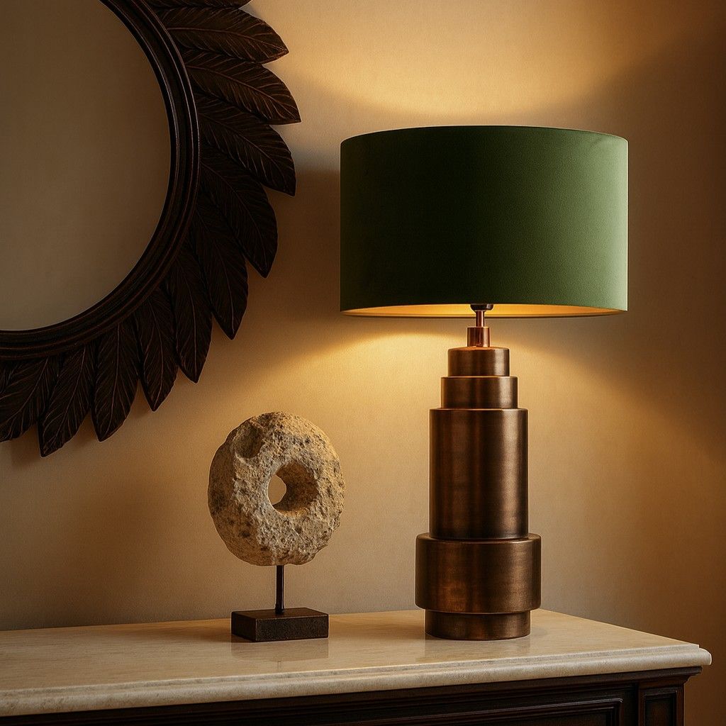 Art deco tafellamp brons velours kap groen met goud 50 cm - Bruut