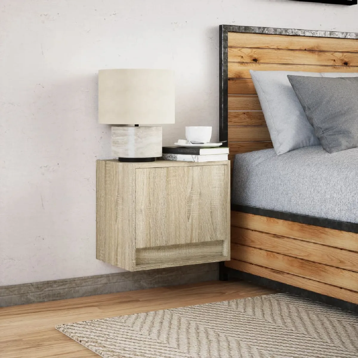 vidaXL Table de chevet murale avec lumières LED - Chêne sonoma