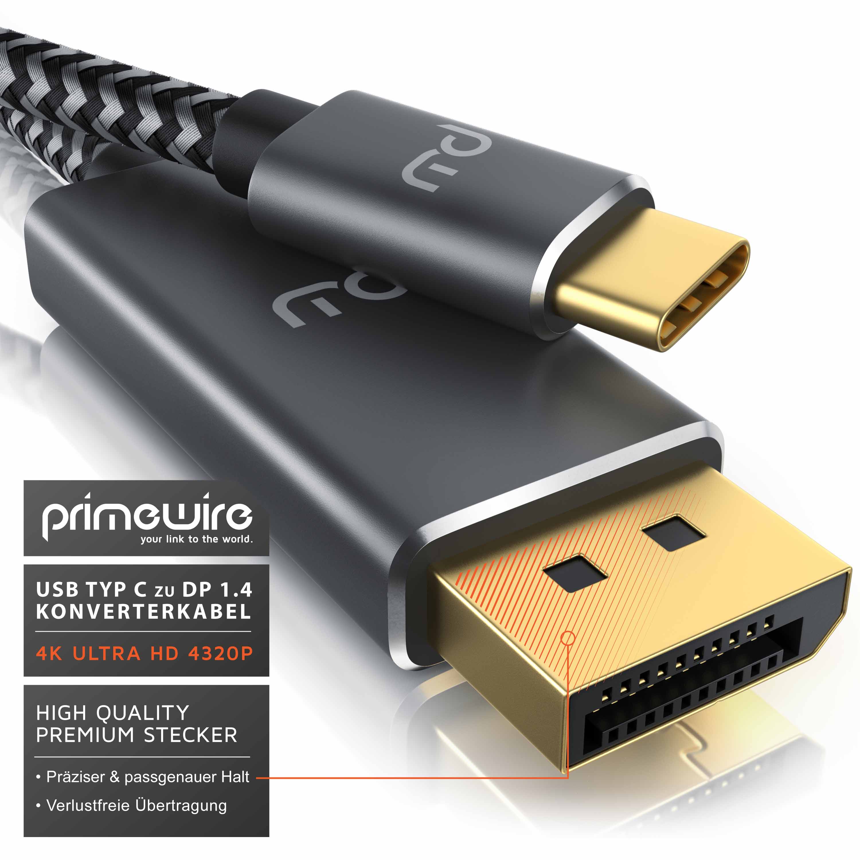 Primewire USB Typ C zu Display Port Konverterkabel Adapterkabel mit Stoffummantelung 8K 7680 × 4320 @ 30 Hz - 2m