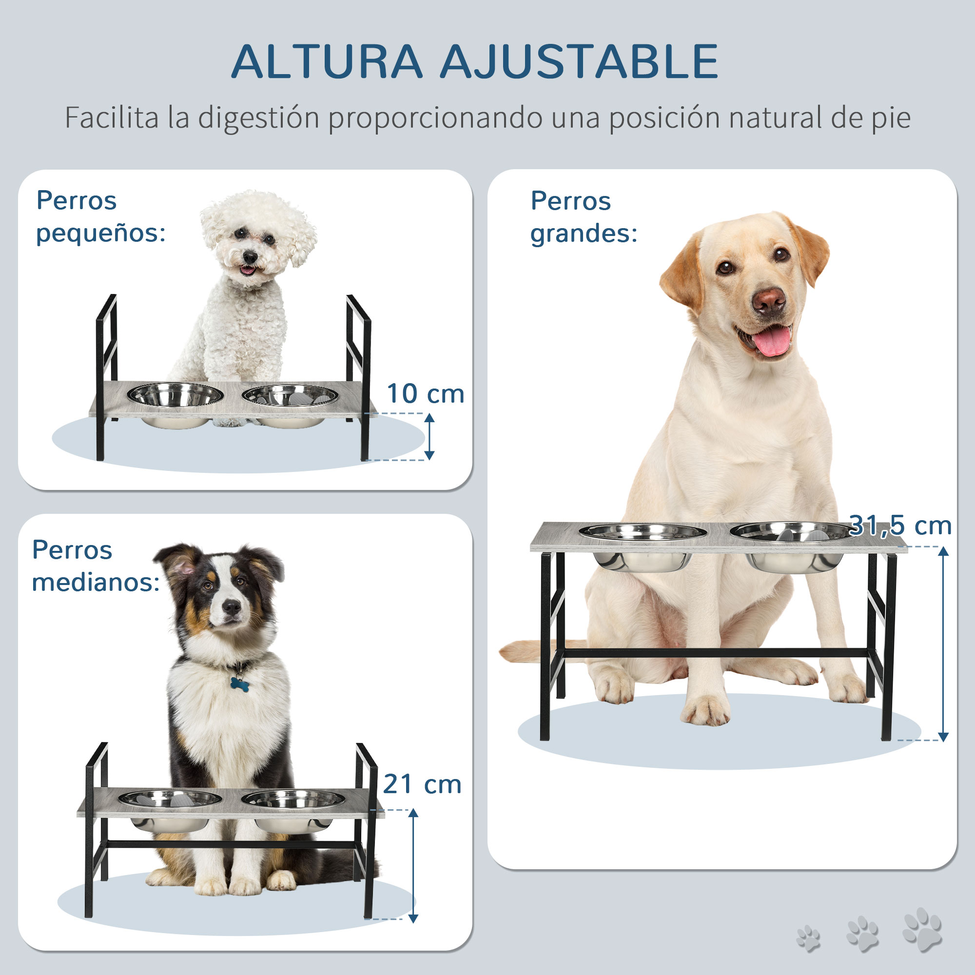 Comedouro elevado para cães PawHut, altura ajustável, com 2 tigelas de aço inoxidável (1100 ml cada), tapete e comedouro lento, 60 x 33 x 10-31,5 cm, cinza.