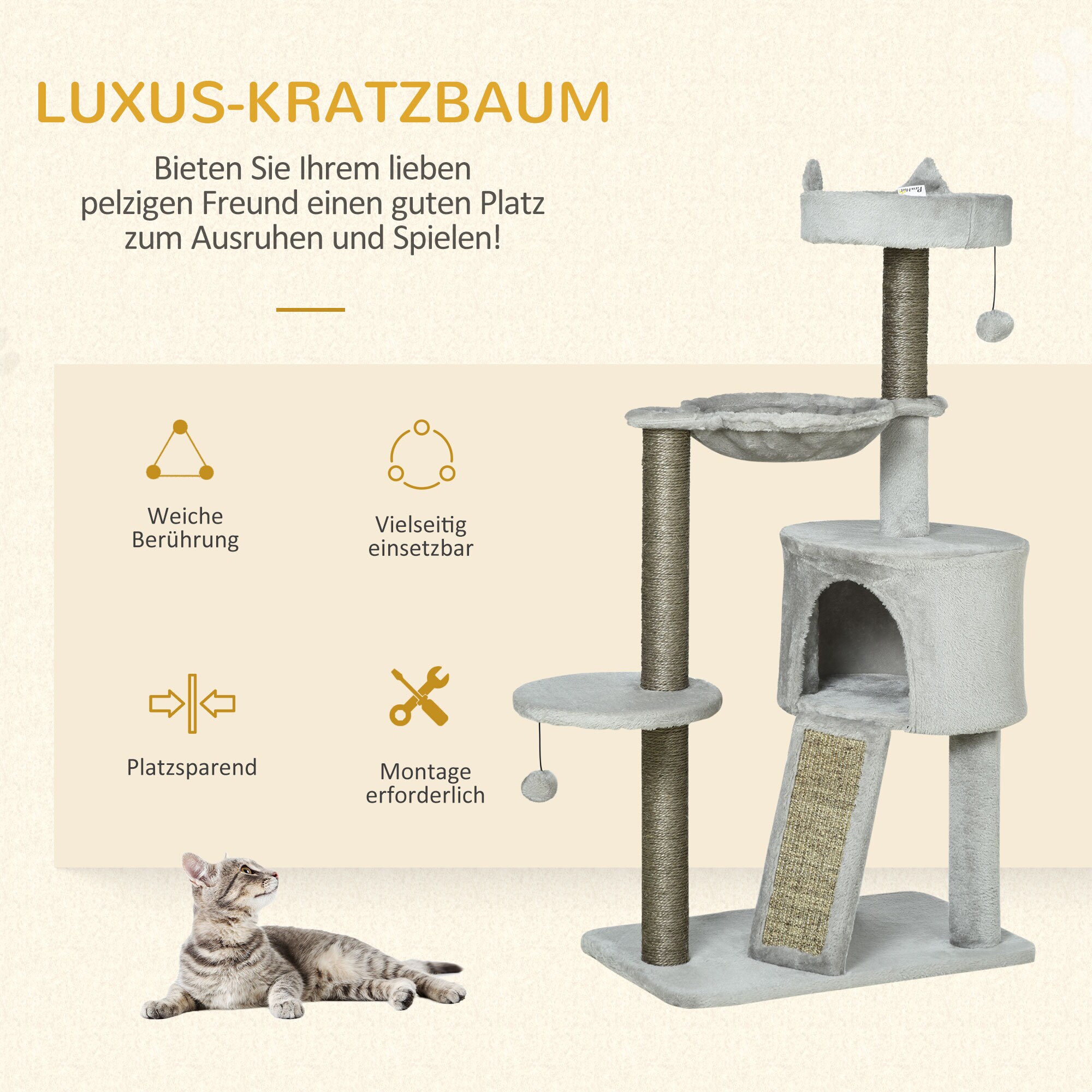 PawHut Kratzbaum mit Katzenhöhle grau 60L x 40B x 113H cm