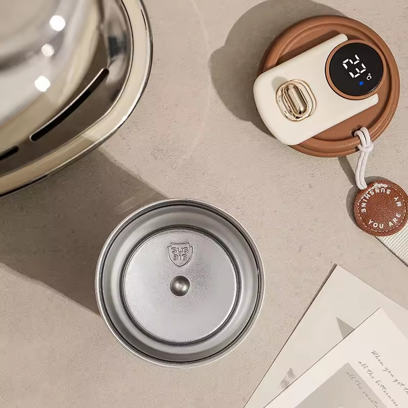 (460ml) Edelstahl Thermo Kaffee Becher Thermoskanne Rutschfester Vakuum Behälter mit Digitaler Temperaturanzeige   Handschlaufe - Beige / Braun