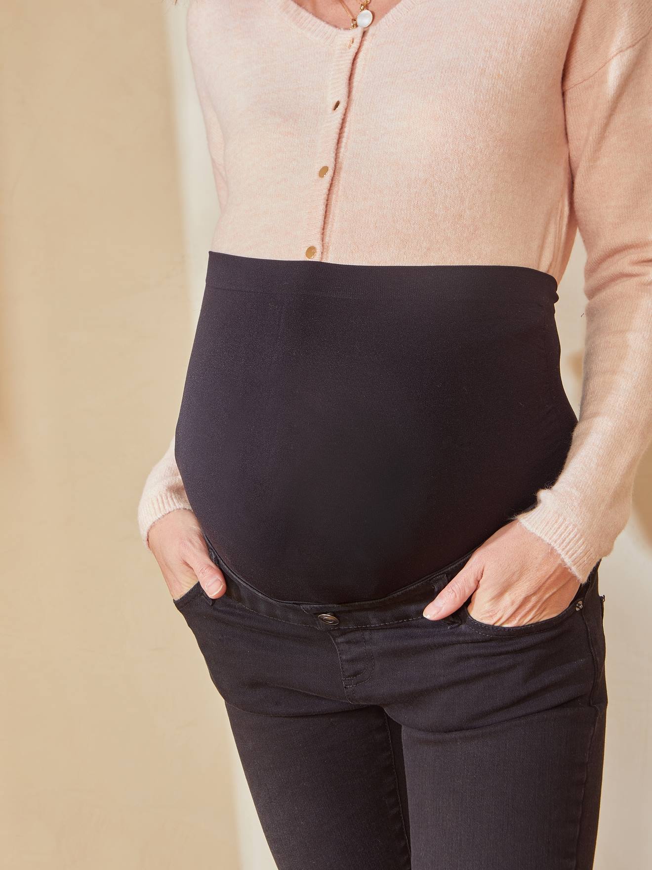 Calça jeans skinny de gestante com cós sem costura, azul escuro liso