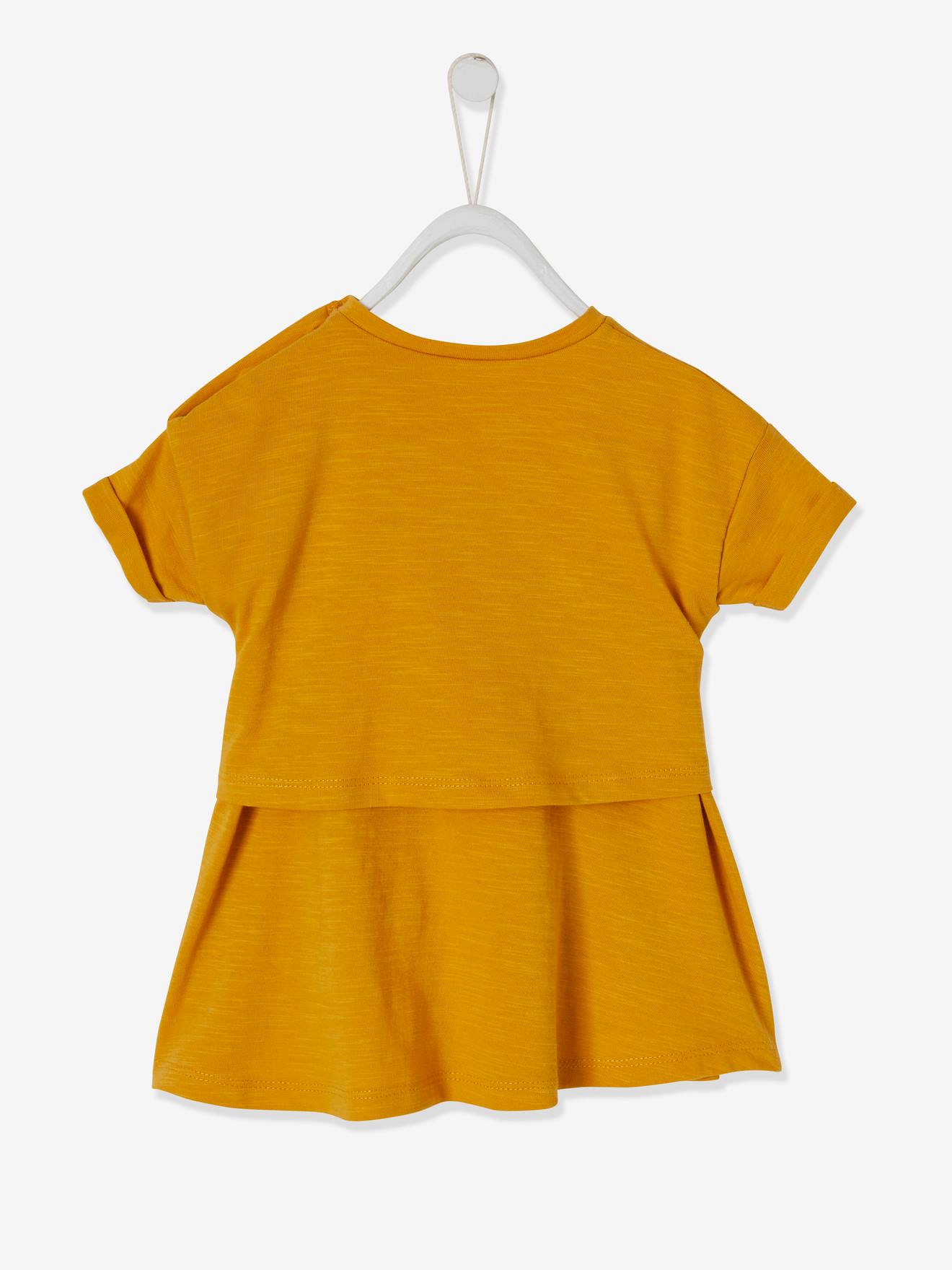 Vestido infantil 2 em 1 com laço, amarelo escuro liso com estampa.