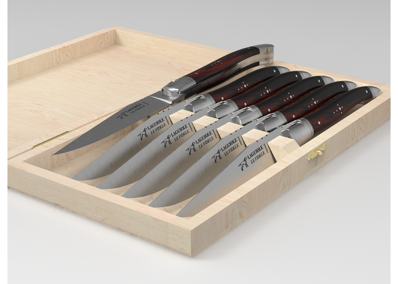 Service de 6 couteaux Laguiole avec un manche en bois de fer et mitres en acier inoxydable