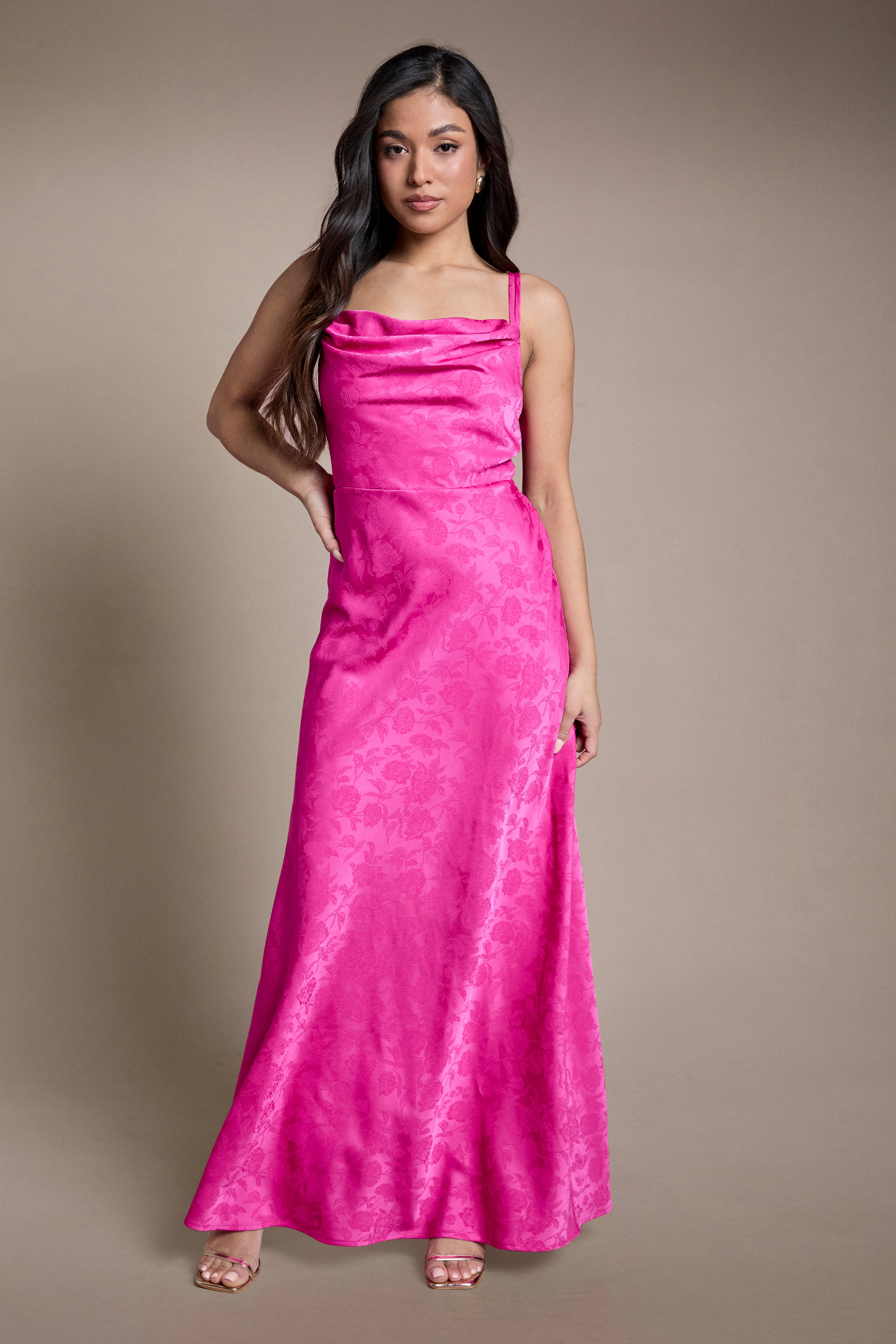 Oasis Robe Midi De Demoiselle D'honneur Petite Taille Rose Vif À Encolure Drapée Et Double Bretelles En Jacquard Satiné